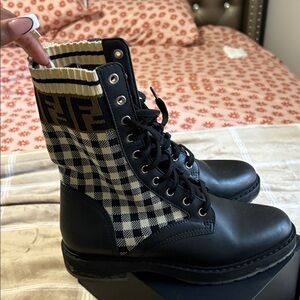 Black and White Checkered Lace-Up Boots